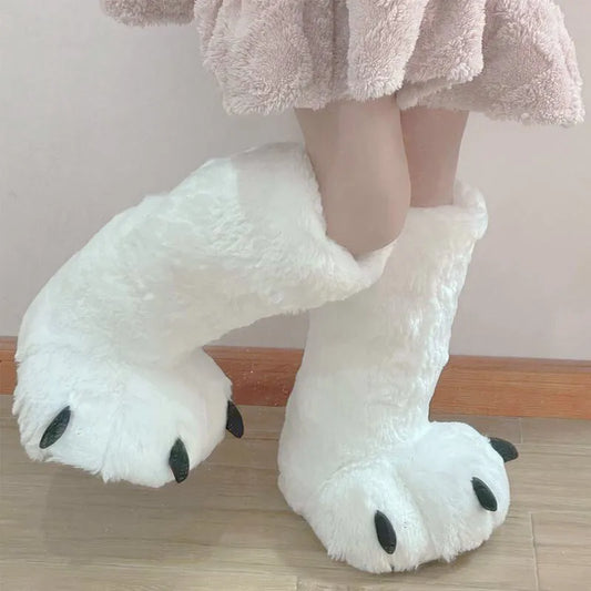 Pantuflas cálidas de plataforma con patas de oso de felpa para mujer de invierno - Botas