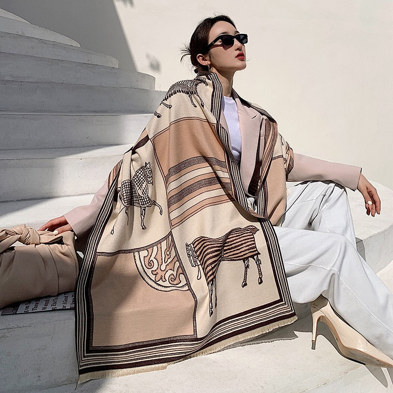 Luxury Cashmere Scarf Women Horse Design - Warm Pashmina Blanket - Scarves/Shawl Wraps Thick Foulard