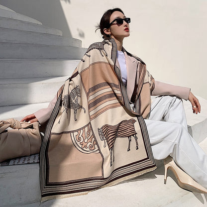 Luxury Cashmere Scarf Women Horse Design - Warm Pashmina Blanket - Scarves/Shawl Wraps Thick Foulard