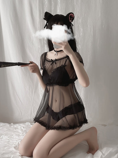 Sexy Lingerie Transparent Cute Lolita Fashion Dress - Mesh Nightdress See-Through Underwear Bra & Panties - 3-Piece Outfit