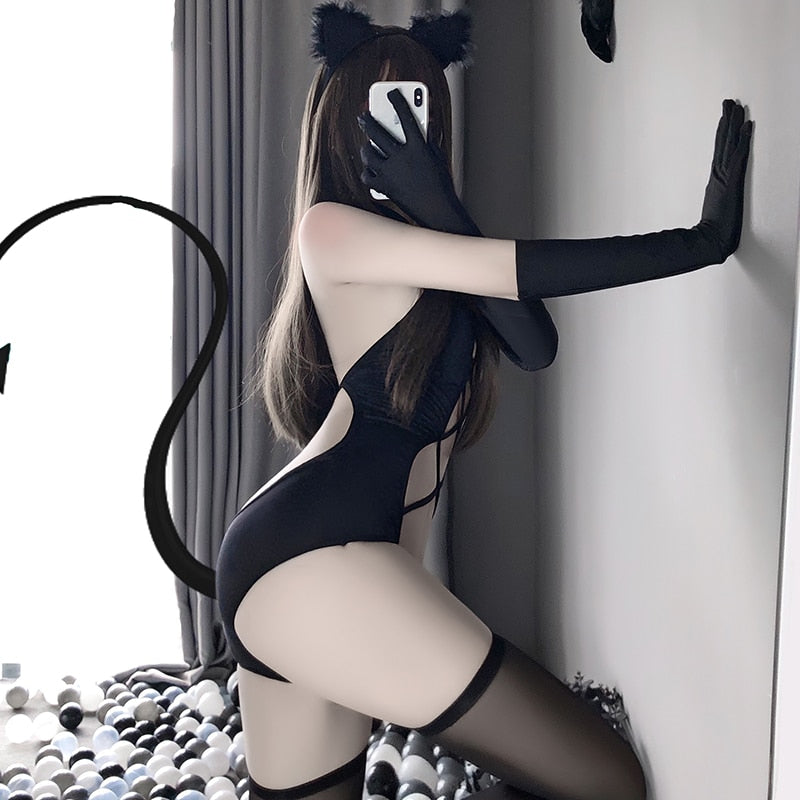 Women Sexy Bodysuit Lingerie - Anime Devil Costumes - Open Front Black Cat - Underwear Set