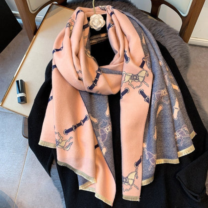 Luxury Cashmere Scarf Women Horse Design - Warm Pashmina Blanket - Scarves/Shawl Wraps Thick Foulard