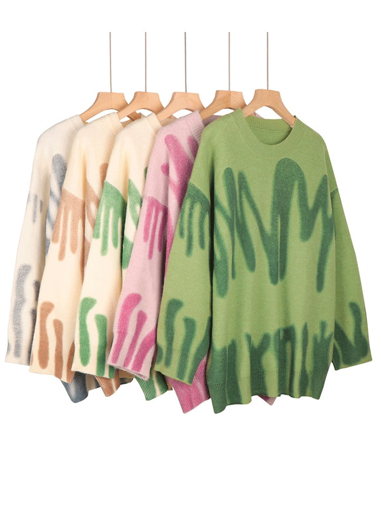 Women's Print Knitted Sweater - Elegant Green Striped Oversized Pullovers Loose Long Sweaters Streetwear