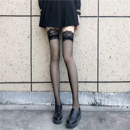 JK Costumes Sexy Thigh High Fishnet Stockings - Gothic Punk Lolita - Transparent Over Knee - Red Wide Edge Long High Socks