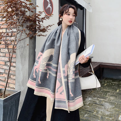 Luxury Cashmere Scarf Women Horse Design - Warm Pashmina Blanket - Scarves/Shawl Wraps Thick Foulard