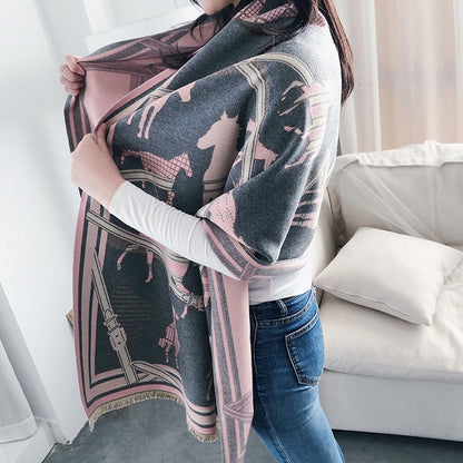 Luxury Cashmere Scarf Women Horse Design - Warm Pashmina Blanket - Scarves/Shawl Wraps Thick Foulard