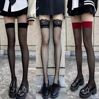 JK Costumes Sexy Thigh High Fishnet Stockings - Gothic Punk Lolita - Transparent Over Knee - Red Wide Edge Long High Socks