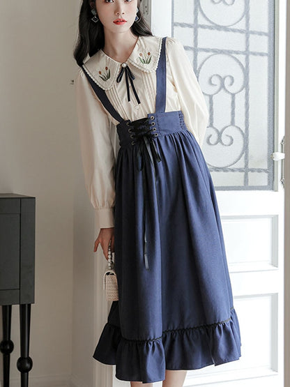 Spring Summer Women Long Midi Suspender - Skirt Preppy Style Cute Lace-Up - High Waist Ruffle A-Line Skirt