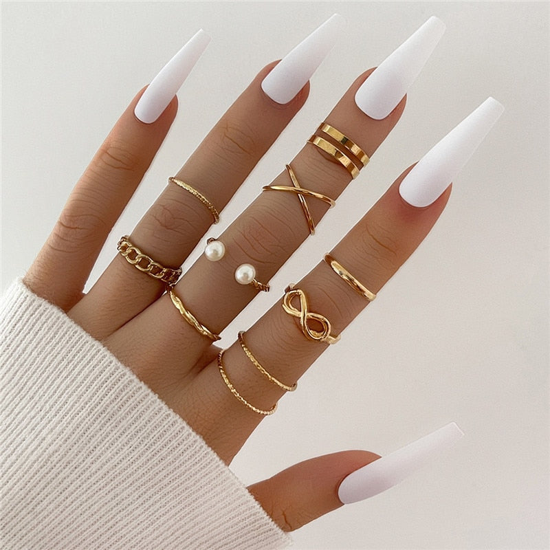 Punk Geometric Silver Color Chain - Wrist Rings - Rings Set - Jewelry - Cosplay