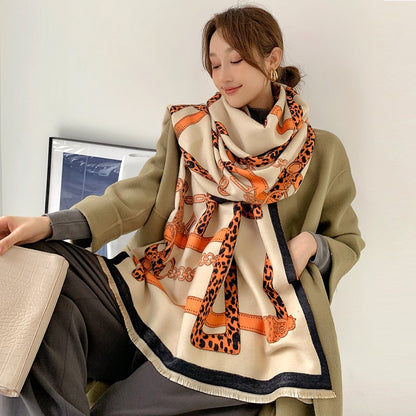 Luxury Cashmere Scarf Women Horse Design - Warm Pashmina Blanket - Scarves/Shawl Wraps Thick Foulard