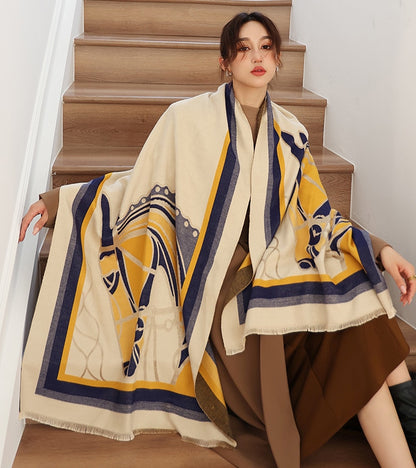 Luxury Cashmere Scarf Women Horse Design - Warm Pashmina Blanket - Scarves/Shawl Wraps Thick Foulard