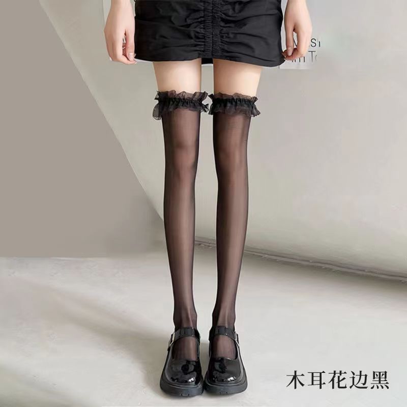 JK Costumes Sexy Thigh High Fishnet Stockings - Gothic Punk Lolita - Transparent Over Knee - Red Wide Edge Long High Socks