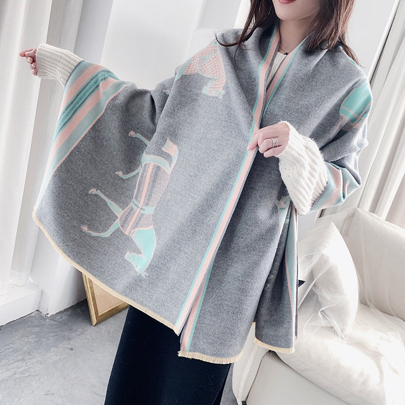 Luxury Cashmere Scarf Women Horse Design - Warm Pashmina Blanket - Scarves/Shawl Wraps Thick Foulard