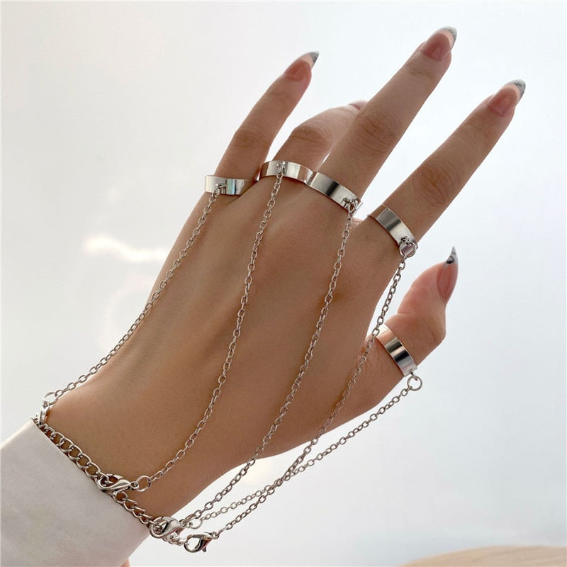 Punk Geometric Silver Color Chain - Wrist Rings - Rings Set - Jewelry - Cosplay