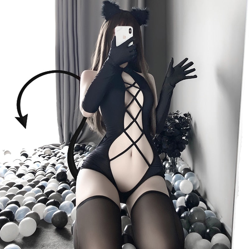 Women Sexy Bodysuit Lingerie - Anime Devil Costumes - Open Front Black Cat - Underwear Set