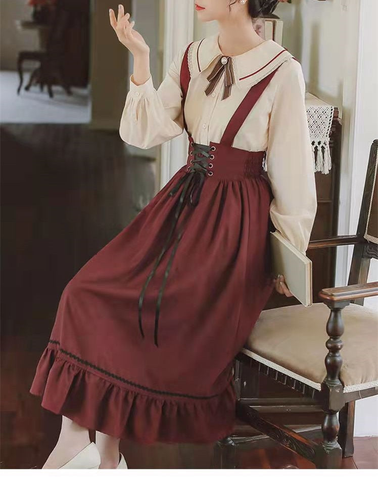 Spring Summer Women Long Midi Suspender - Skirt Preppy Style Cute Lace-Up - High Waist Ruffle A-Line Skirt