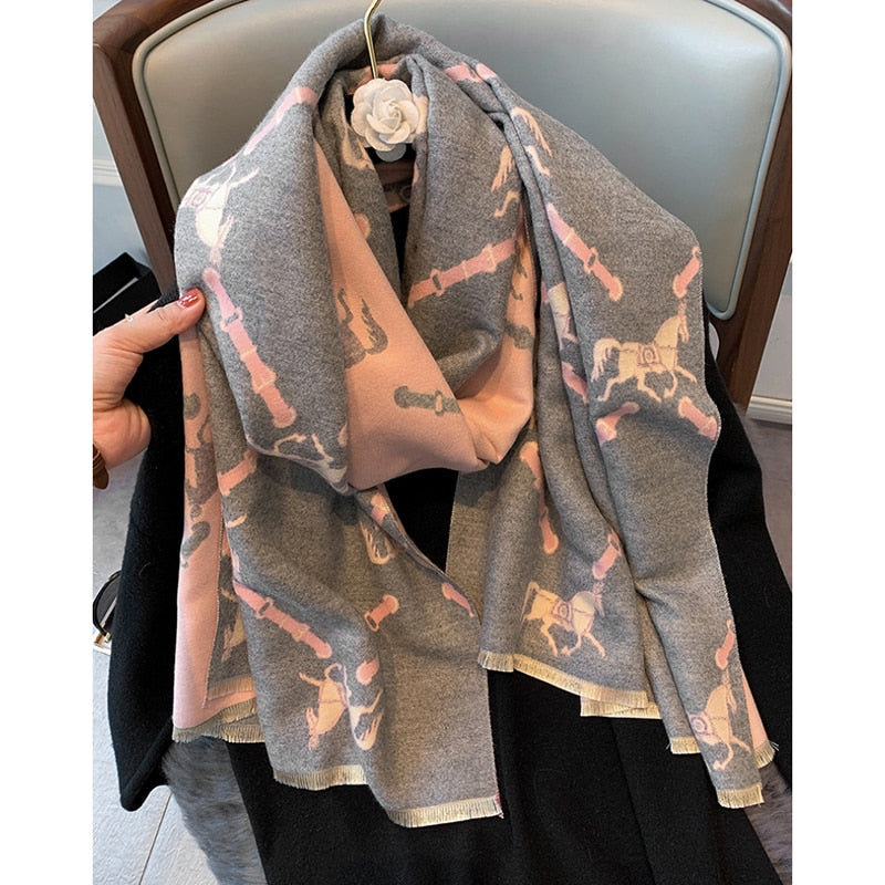 Luxury Cashmere Scarf Women Horse Design - Warm Pashmina Blanket - Scarves/Shawl Wraps Thick Foulard