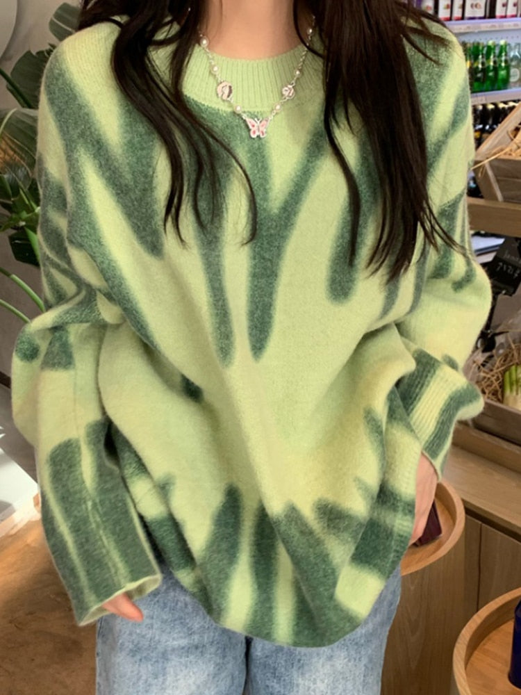 Women's Print Knitted Sweater - Elegant Green Striped Oversized Pullovers Loose Long Sweaters Streetwear