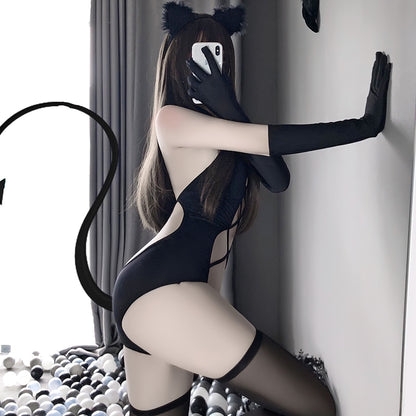 Lencería sexy para mujer - Disfraces de diablo anime - Gato negro con frente abierto - Conjunto de ropa interior