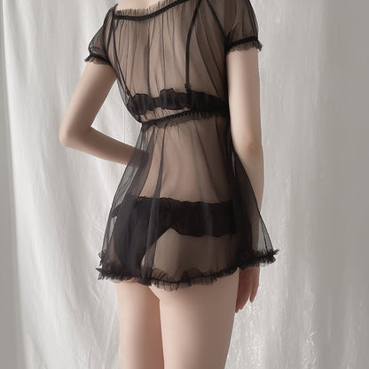 Sexy Lingerie Transparent Cute Lolita Fashion Dress - Mesh Nightdress See-Through Underwear Bra & Panties - 3-Piece Outfit