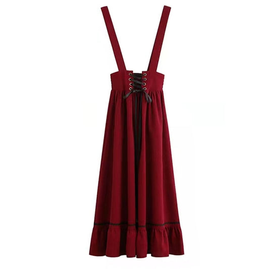 Spring Summer Women Long Midi Suspender - Skirt Preppy Style Cute Lace-Up - High Waist Ruffle A-Line Skirt