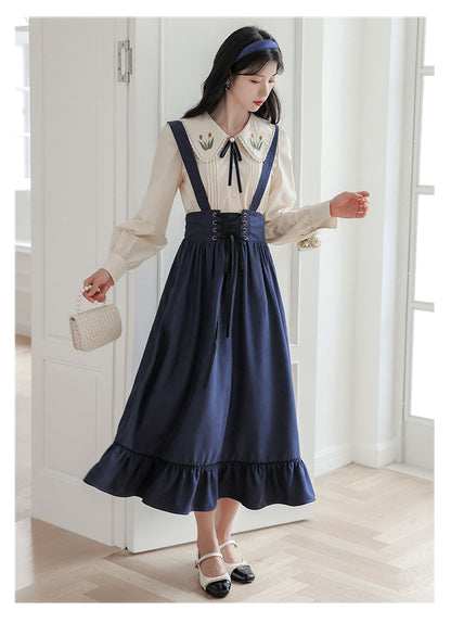 Spring Summer Women Long Midi Suspender - Skirt Preppy Style Cute Lace-Up - High Waist Ruffle A-Line Skirt