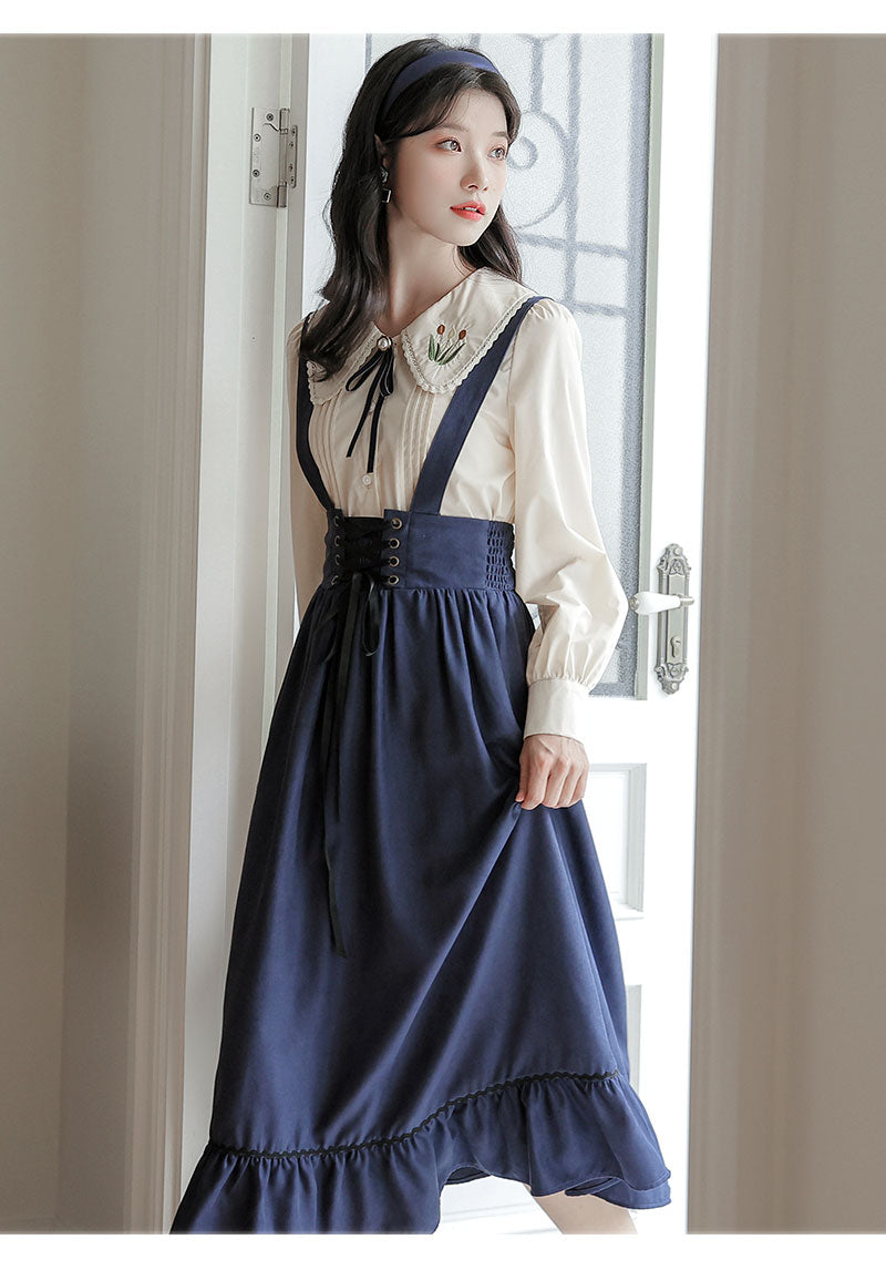 Spring Summer Women Long Midi Suspender - Skirt Preppy Style Cute Lace-Up - High Waist Ruffle A-Line Skirt