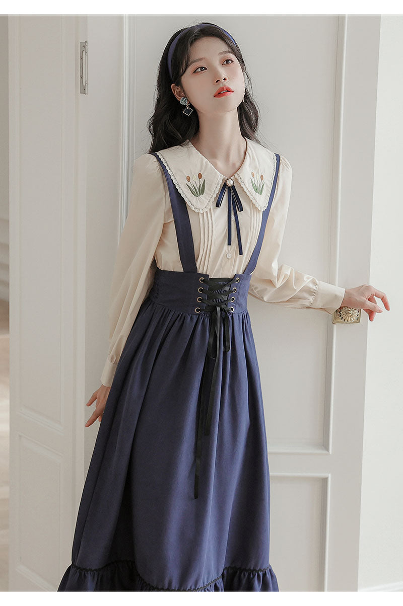 Spring Summer Women Long Midi Suspender - Skirt Preppy Style Cute Lace-Up - High Waist Ruffle A-Line Skirt