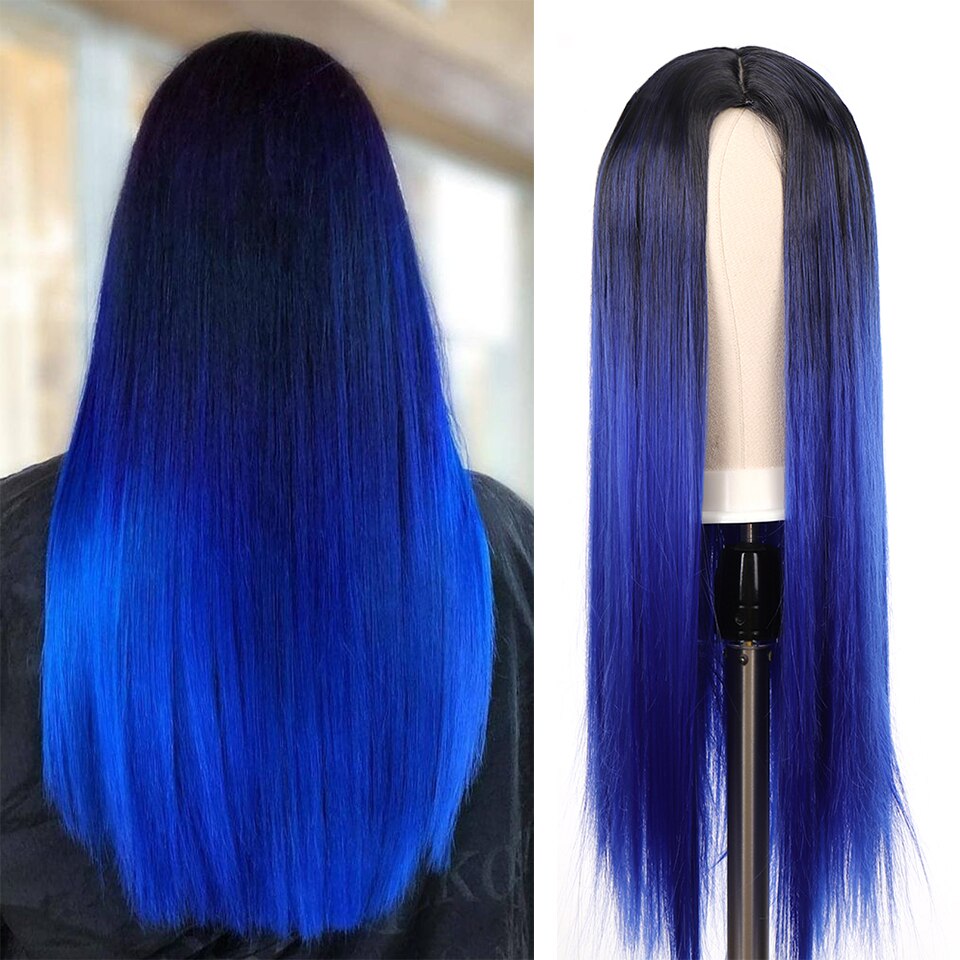 24 Bluish Light Blue Wig - Synthetic Long Straight/Body Wave Middle Part - Heat Resistant