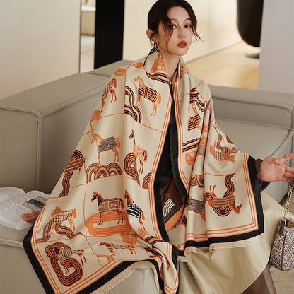 Luxury Cashmere Scarf Women Horse Design - Warm Pashmina Blanket - Scarves/Shawl Wraps Thick Foulard