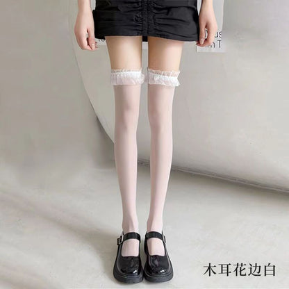 JK Costumes Sexy Thigh High Fishnet Stockings - Gothic Punk Lolita - Transparent Over Knee - Red Wide Edge Long High Socks