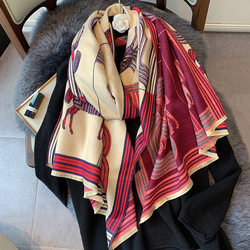 Luxury Cashmere Scarf Women Horse Design - Warm Pashmina Blanket - Scarves/Shawl Wraps Thick Foulard