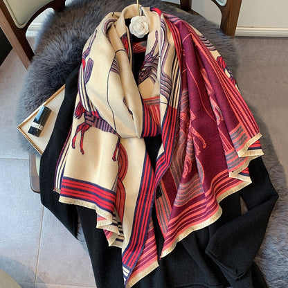 Luxury Cashmere Scarf Women Horse Design - Warm Pashmina Blanket - Scarves/Shawl Wraps Thick Foulard