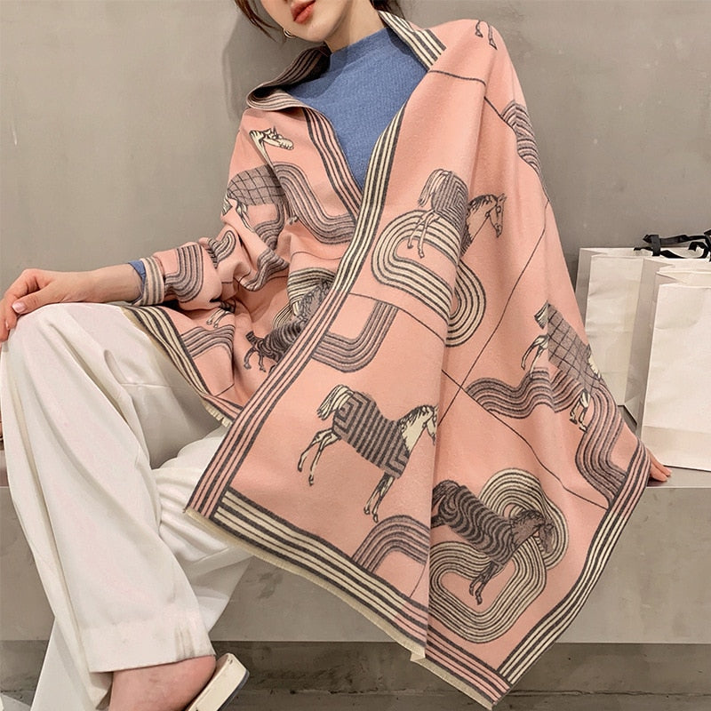 Luxury Cashmere Scarf Women Horse Design - Warm Pashmina Blanket - Scarves/Shawl Wraps Thick Foulard