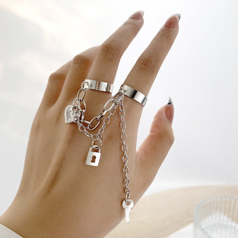 Punk Geometric Silver Color Chain - Wrist Rings - Rings Set - Jewelry - Cosplay