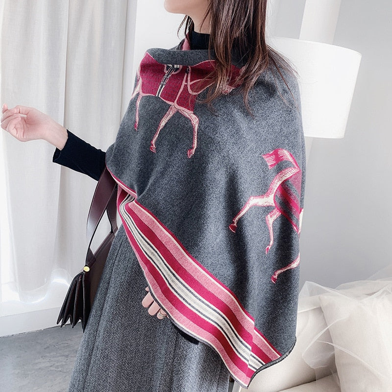 Luxury Cashmere Scarf Women Horse Design - Warm Pashmina Blanket - Scarves/Shawl Wraps Thick Foulard