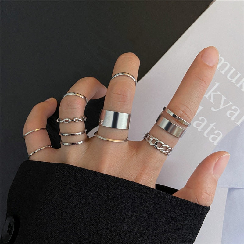 Punk Geometric Silver Color Chain - Wrist Rings - Rings Set - Jewelry - Cosplay