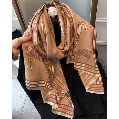 Luxury Cashmere Scarf Women Horse Design - Warm Pashmina Blanket - Scarves/Shawl Wraps Thick Foulard