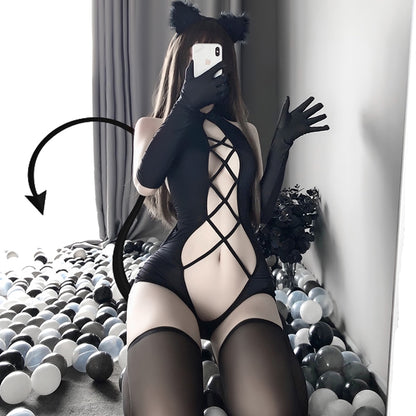Lencería sexy para mujer - Disfraces de diablo anime - Gato negro con frente abierto - Conjunto de ropa interior