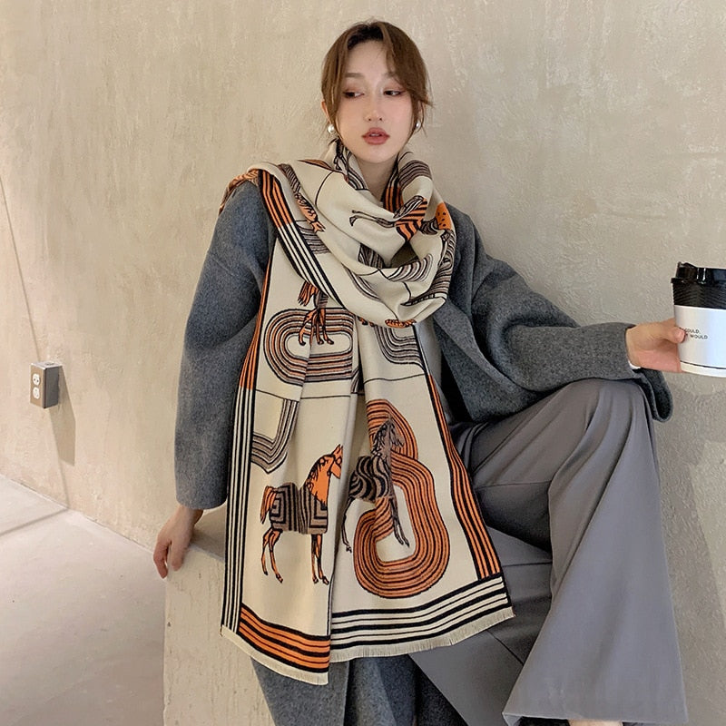 Luxury Cashmere Scarf Women Horse Design - Warm Pashmina Blanket - Scarves/Shawl Wraps Thick Foulard