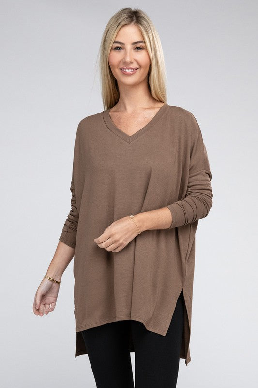 Dolman Top de manga larga con cuello en V y dobladillo alto y bajo con abertura lateral