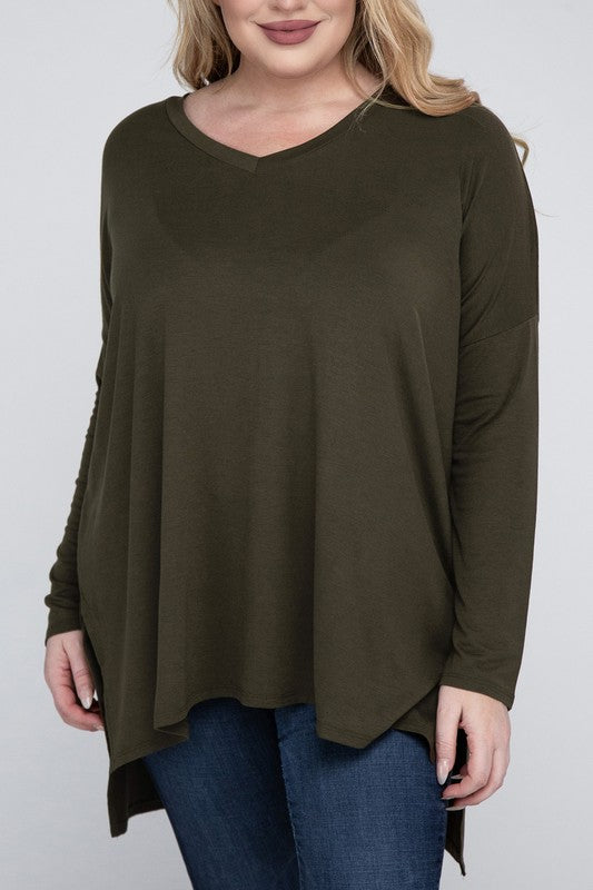 Plus Dolman Sleeve V-Neck Side Slit Hi-Low Hem Top