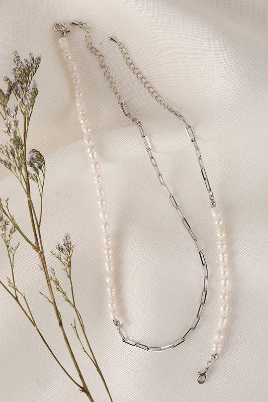 Natural pearl chain bracelet, necklace set - sil