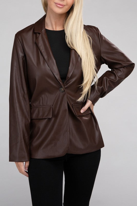 Sleek Pu Leather Blazer with Front Closure