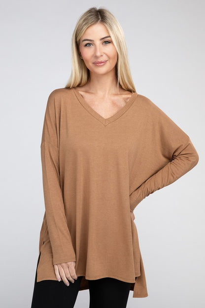 Dolman Top de manga larga con cuello en V y dobladillo alto y bajo con abertura lateral