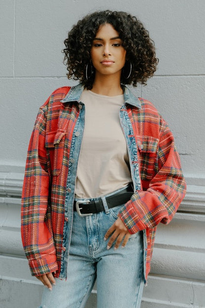 Sobrecamisa unisex de franela con contraste denim