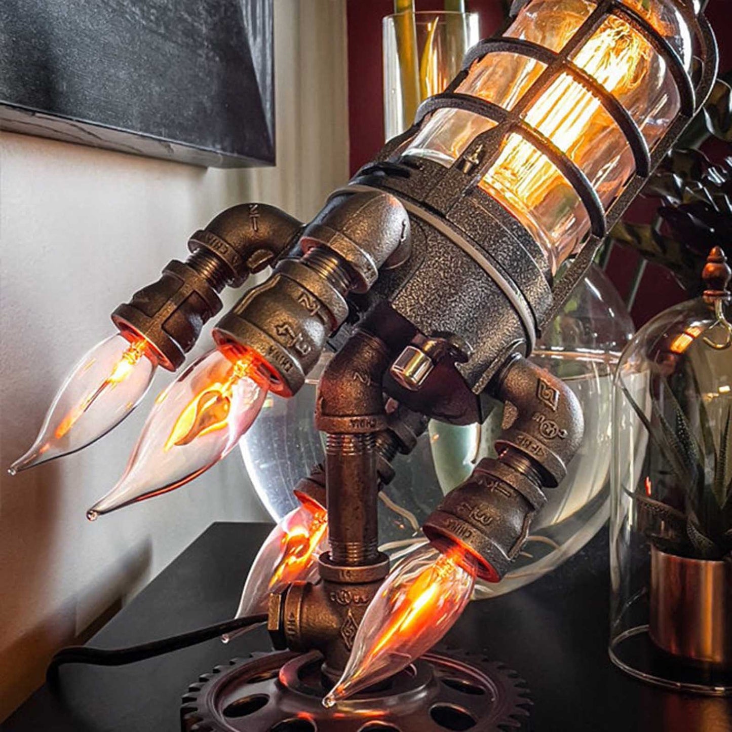 Lámpara vintage de barco cohete - Luz nocturna de escritorio industrial Steampunk - Luz decorativa de mesita de noche para decoración de bar y dormitorio