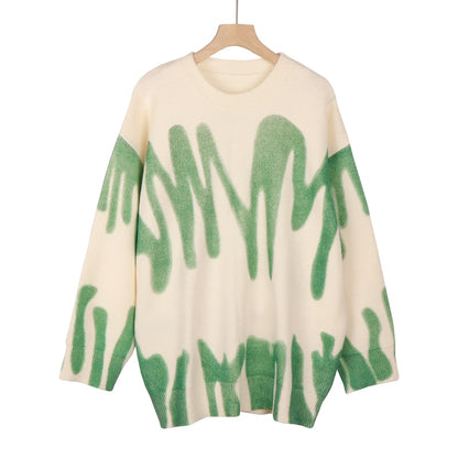 Women's Print Knitted Sweater - Elegant Green Striped Oversized Pullovers Loose Long Sweaters Streetwear