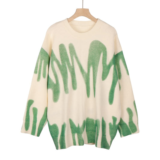 Suéter de Punto Estampado para Mujer - Jerséis Extragrandes de Rayas Verdes Elegantes Suéteres Largos Sueltos Ropa de Calle