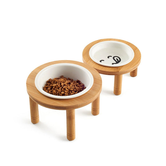 Cat & Dog Elevated Stand - Ceramic Bowls for Water & Food - Bamboo Pet Feeder - Pet Supplies